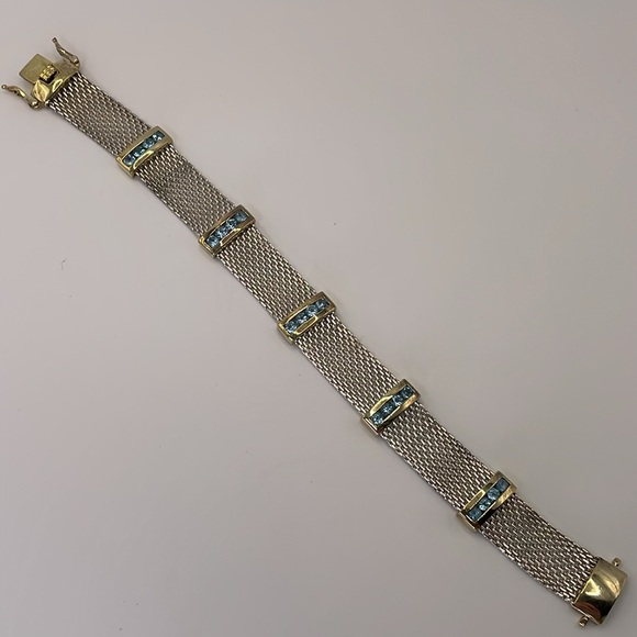Bracelet Sterling Silver & Gold Mesh Blue Topaz Accents 925 Italy Bracelet - Picture 2 of 13